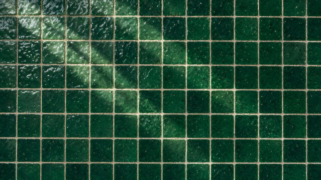 Full frame texture illustration of handmade emerald green zellige tiles with irregular glossy glaze and soft light reflections