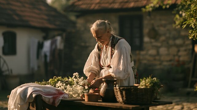 Woman in old-fashioned dress kneels beside flower-covered table