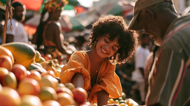 Woman selects ripe fruits at bustling open-air market