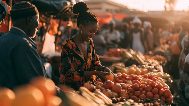 Woman picks tomatoes at busy outdoor market during golden hour