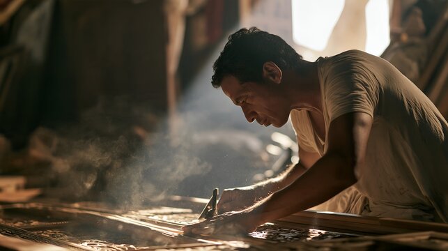 Woodworker sanding wooden surface with focused expression