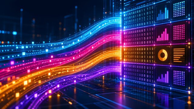 Data analytics and binary code dashboard with colorful light streams flowing into digital charts and matrix grids