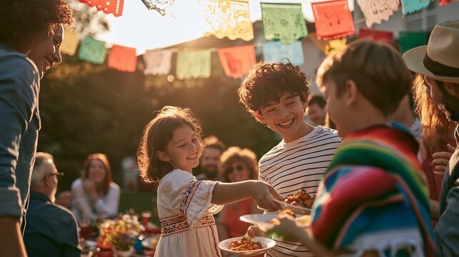 Vibrant Outdoor Party with Smiling Kids Sharing Food Under a String of Flags