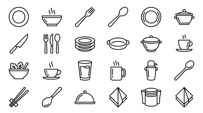 Tableware and Cutlery Thin Line Icons Set with Plates Bowls Forks Spoons and Dining Symbols