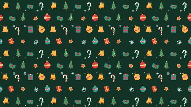 Seamlessly looping 10-second 2D flat vector holiday pattern featuring Christmas ornaments, candy canes, gift boxes, bells, holly leaves, gingerbread stars, and snowflakes drifting diagonally with fest
