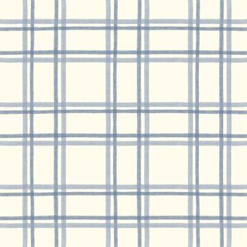 Painterly blue plaid seamless pattern with layered double lines on ivory