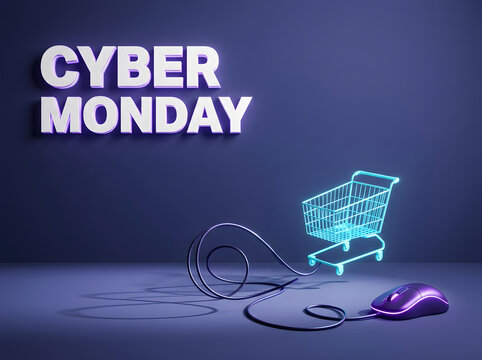 Cyber Monday Glowing Shopping Cart with Minimal Neon Mouse