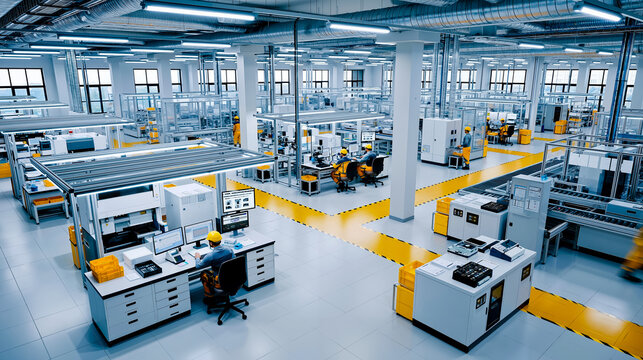 A photograph of an industrial or manufacturing facility with a bright and clean appearance featuring a large open space with multiple workstations machinery and workers