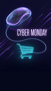 Cyber Monday Neon Mouse and Shopping Cart with Cyan Glow