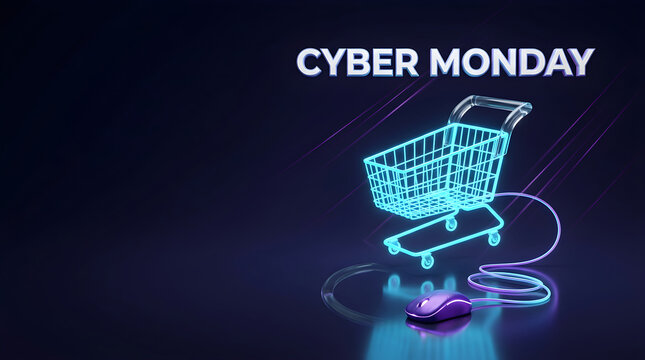Cyber Monday Neon Shopping Cart with Floating Mouse Symbol