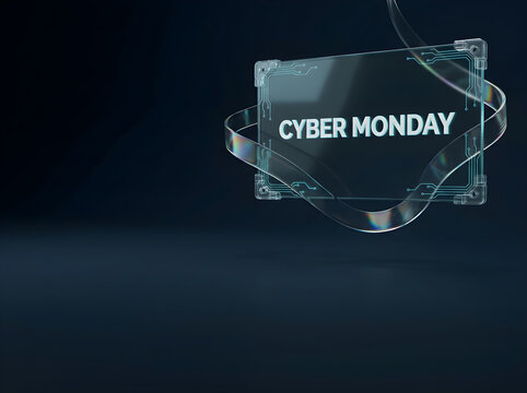 Floating Cyber Monday Glass Banner with Blue Neon Highlights