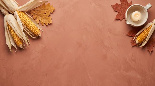 A warm and inviting thanksgiving background featuring cornucopias autumn leaves and a cozy candle perfect for festive designs holiday greetings or seasonal promotions evoking feelings