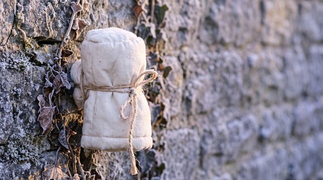 Small bundle tied with twine hanging against an old stone wall exterior handmade architecture