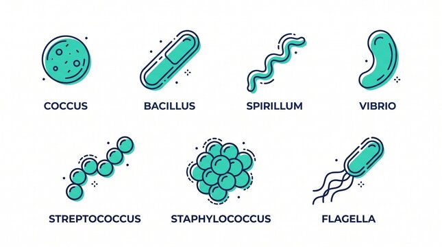 Set of bacteria shapes line icons featuring coccus, bacillus, spirillum, vibrio, streptococcus, staphylococcus, and flagella microbes in modern two-tone outline style.   
