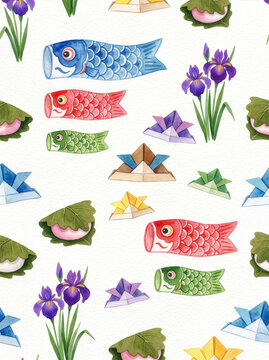 こいのぼり 023 Watercolor Seamless Pattern of Koinobori, Origami Kabuto, Kashiwamochi and Iris Flowers on White Background（白背景に鯉のぼり、折り紙の兜、柏餅、菖蒲が描かれた水彩風シームレスパターン）