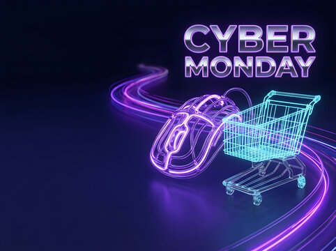 Cyber Monday Neon Shopping Cart and Mouse on Purple Light Trails
