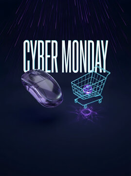 Vertical Cyber Monday Neon Mouse and Cart on Dark Purple