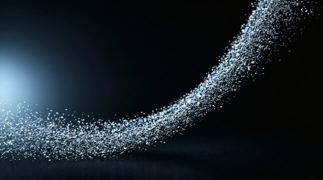 Flowing wave of small shiny particles against dark background, abstract concept.