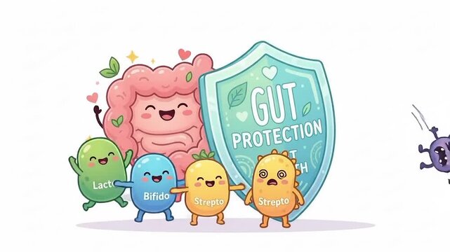 Cute probiotic bacteria characters protecting gut health with a shield against pathogens and toxins vector animation