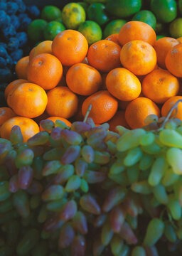 Fresh oranges, grapes and plums create a colorful fruit displayFresh oranges, grapes and plums create a colorful fruit display