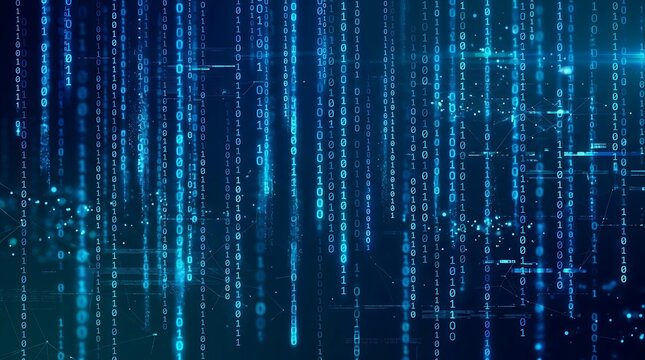 Blue binary code cascading vertically representing digital data flow