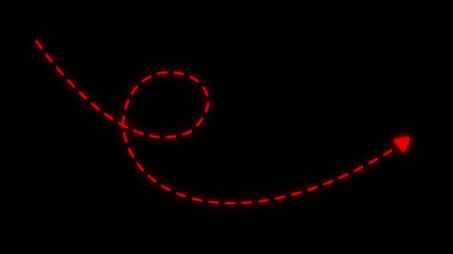 Red color Long dotted line arrow&nbsp;animation. arrow animation following wavy dotted line. target arrow icon on black background.4k&nbsp;video