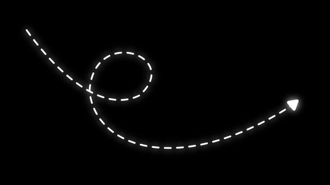 White color Long dotted line arrow&nbsp;animation. arrow animation following wavy dotted line. target arrow icon on black background.4k&nbsp;video