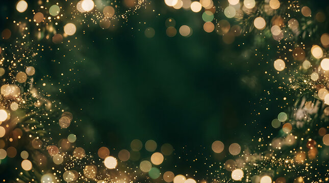 Festive golden bokeh lights creating a glowing circular frame against dark blurred green background with christmas abstract defocused celebration wallpaper