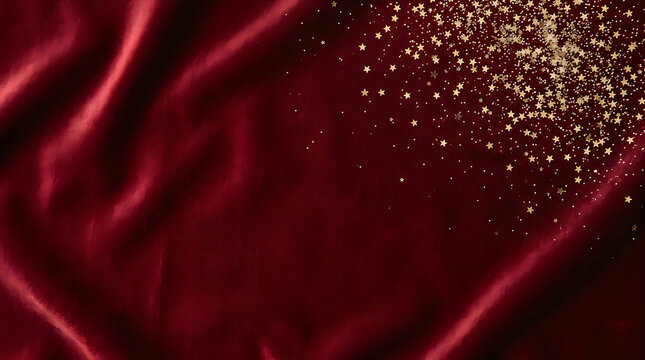 Rich red velvet fabric surface adorned with scattered shimmering golden confetti sparkles background material abstract romantic celebration christmas dramatic