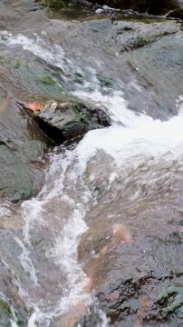 Vertical video of a stream cascading over rocks, Scott's Run, Virginia