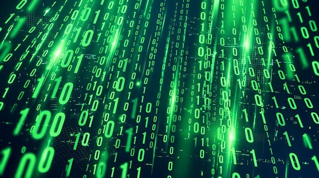 Green binary code digits cascading down in a dark abstract digital