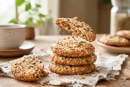 Crunchy multigrain oatmeal cookies with pumpkin seeds and sesame seeds stacked on wooden table with floating broken half and falling crumbs