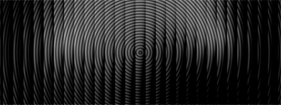 Abstract black and white optical illusion background with curved vertical lines and concentric ripple patterns, monochrome geometric wave texture for modern wallpaper, digital art and graphic design