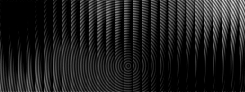 Abstract black and white optical illusion background with curved vertical lines and concentric ripple patterns, monochrome geometric wave texture for modern wallpaper, digital art and graphic design