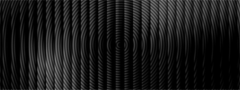 Abstract black and white optical illusion background with curved vertical lines and concentric ripple patterns, monochrome geometric wave texture for modern wallpaper, digital art and graphic design