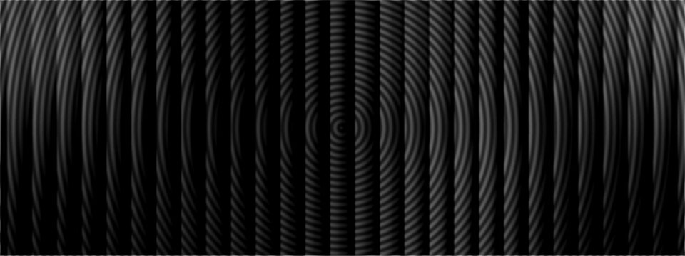 Abstract black and white optical illusion background with curved vertical lines and concentric ripple patterns, monochrome geometric wave texture for modern wallpaper, digital art and graphic design