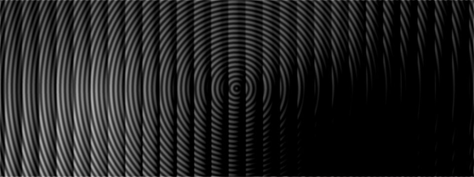 Abstract black and white optical illusion background with curved vertical lines and concentric ripple patterns, monochrome geometric wave texture for modern wallpaper, digital art and graphic design