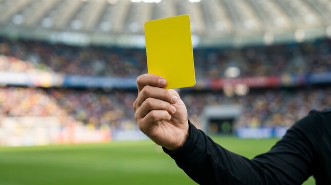 Referee Holding Yellow Card Indicating Penalty Decision During Intense Soccer Match in Stadium Full of Supportive Fans