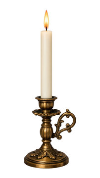 PNG Vintage brass candlestick with lit candle on transparent background.