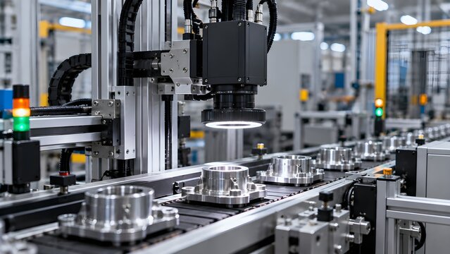 Automated industrial machine vision camera inspecting metal parts