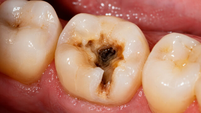 Severe tooth decay with cavity in molar close up dental health