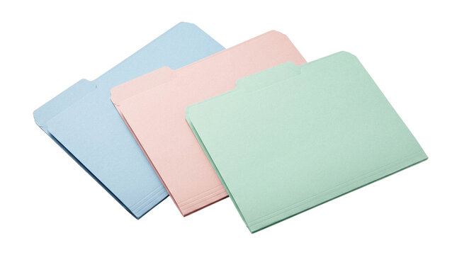 Pastel Blue, Pink and Green Cardboard File Folders in an Overlapping Arrangement Isolated on Transparent Background