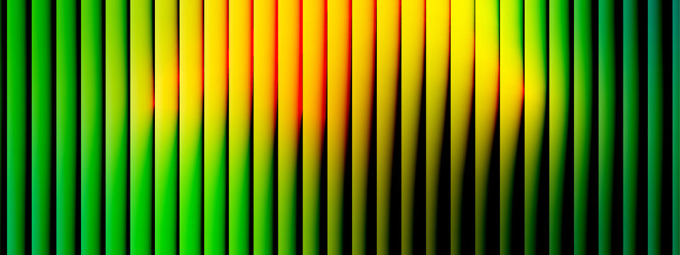 Abstract neon glass gradient background with iridescent holographic reflections and ribbed distortion. Abstract warm sunset gradient background with ribbed glass vertical lines. Colorful Rainbow Glass