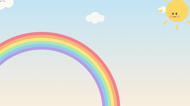 Colorful rainbow vector design with cute smiling sun and fluffy white clouds on a soft pastel sky background for children illustration and playful nursery decor