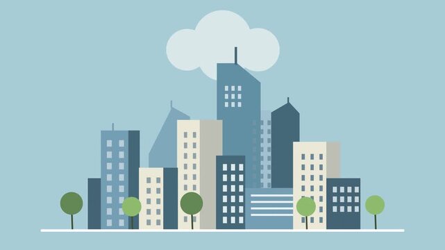 Vector illustration of a modern cityscape featuring various tall buildings, skyscrapers, and urban architecture under a clear blue sky with a single white cloud and small trees along the street