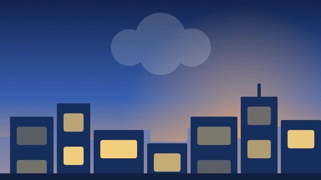 vector illustration of night city skyline with glowing apartment windows and a single soft cloud under a dark blue evening sky backdrop