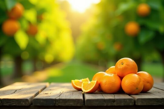 Rustic Wooden Table with a Pile of Freshly Picked Oranges in a Lush Orchard Setting