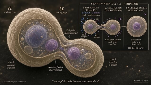 3d scientific illustration of a and alpha yeast cells fusing during mating, with zoomed inset showing pheromone signaling, cell wall fusion, and karyogamy to form a diploid cell