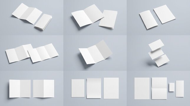 Mockup set of white brochures, flyers, or pamphlets on gray background, featuring open, folded, and layered paper layouts for brand presentation and graphic design