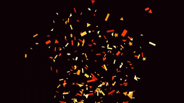 Bright Orange And Yellow Confetti Pieces Falling Continuously Against A Stark Black Background During Celebrations